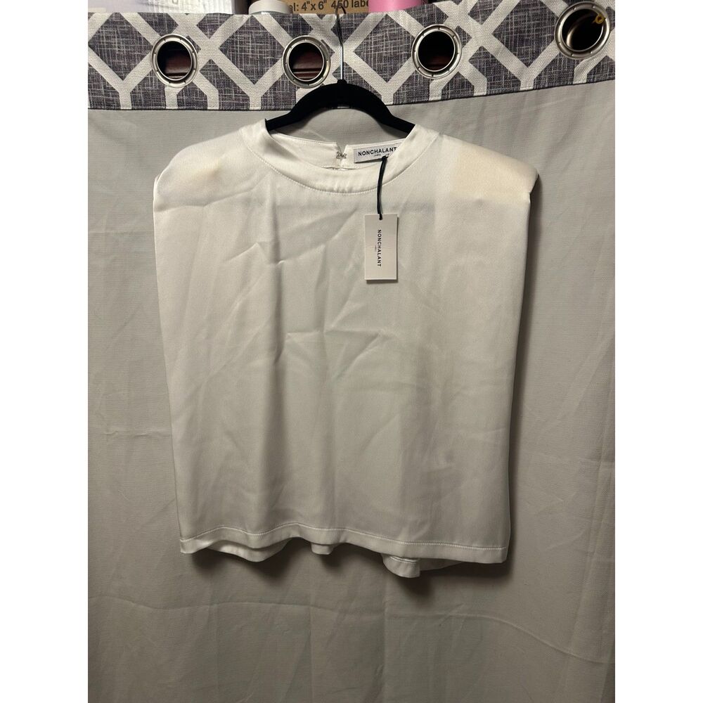 NWT NONCHALANT Label Sin Top White Size Small Short Sleeve Shoulder Pads Blouse